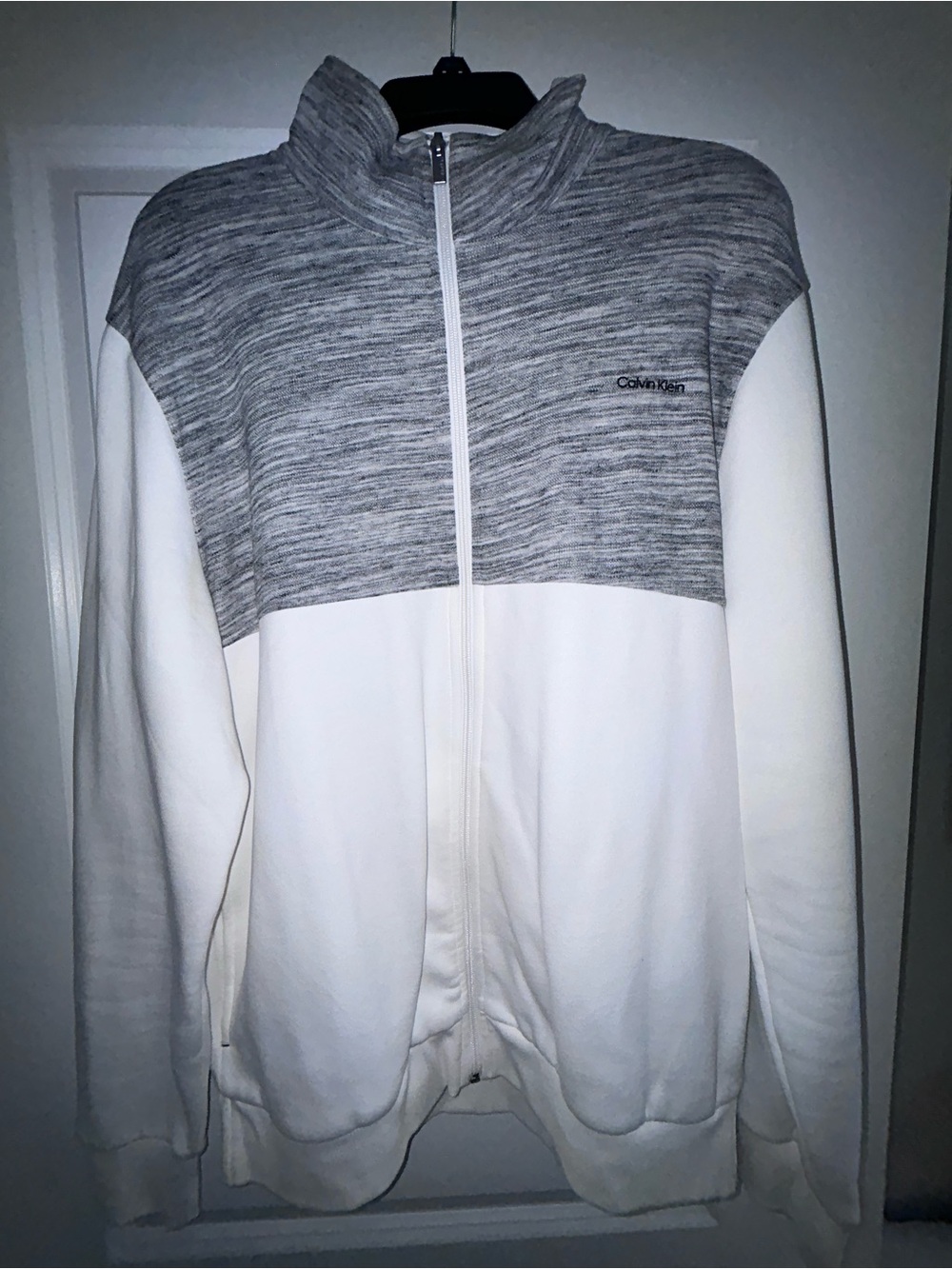 Calvin Klein White and Gray Colorblock Zip-Up Sweater